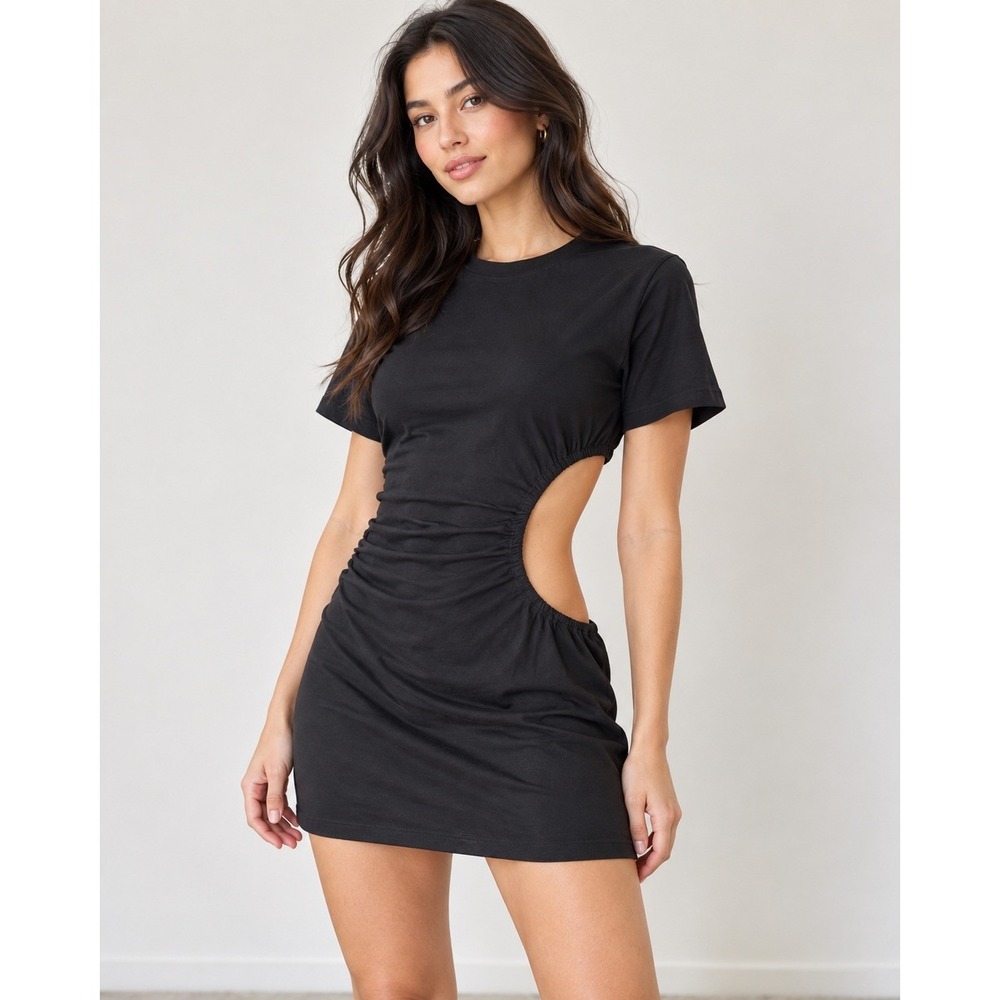 Celandine Anthropologie Black Cutout T-Shirt Mini Dress Short Sleeve Cotton NEW